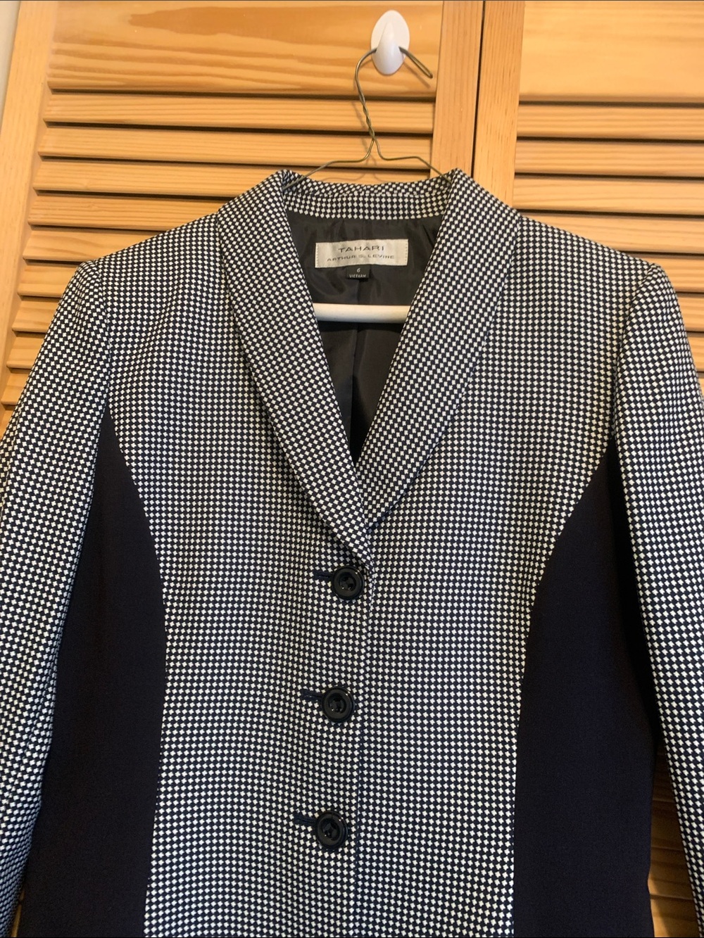 Tahari ASL Black & White Houndstooth Contrast Panel Blazer